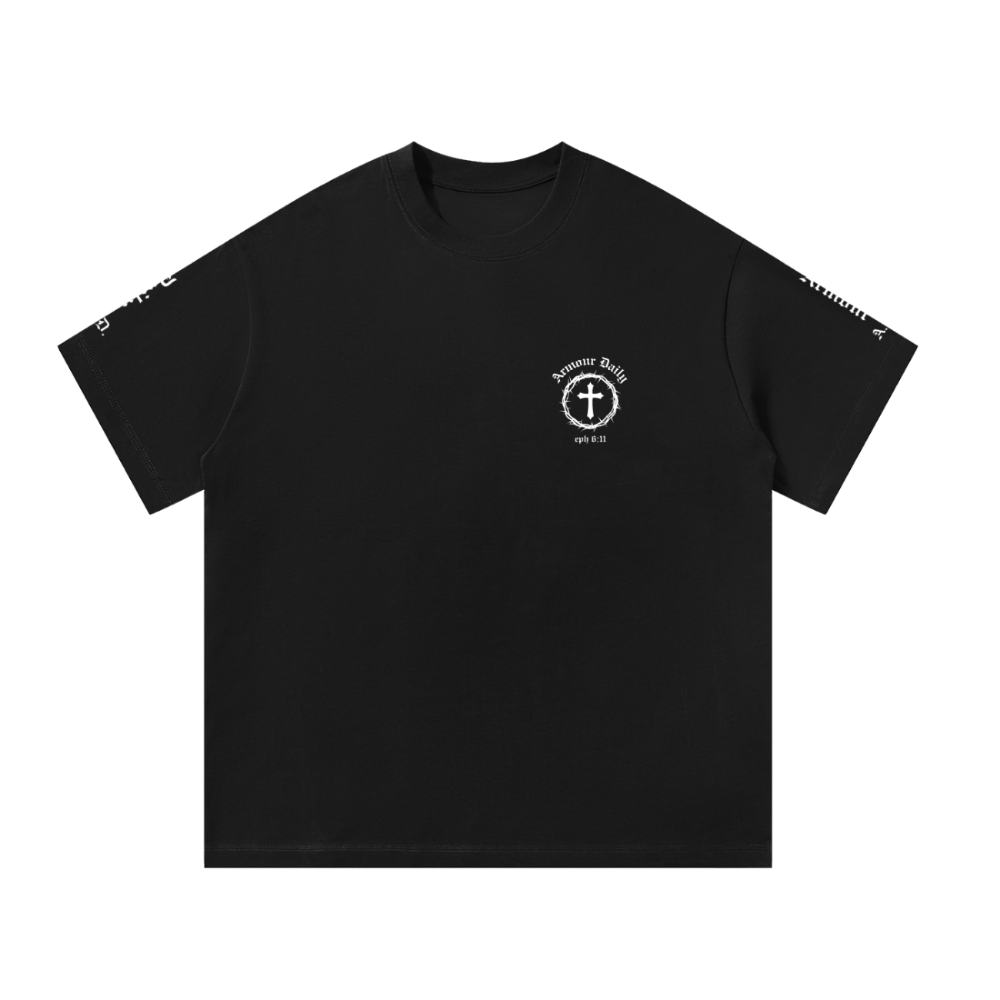 Black t-shirt with 'Armour Daily' logo on a white background